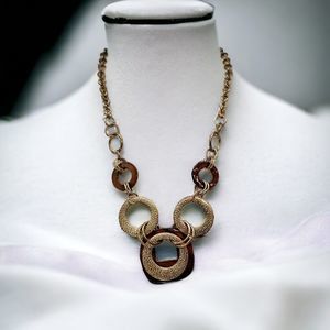 Statement Necklace 70s Style Open Circle Gold Tone Brown Enamel Accent Vintage